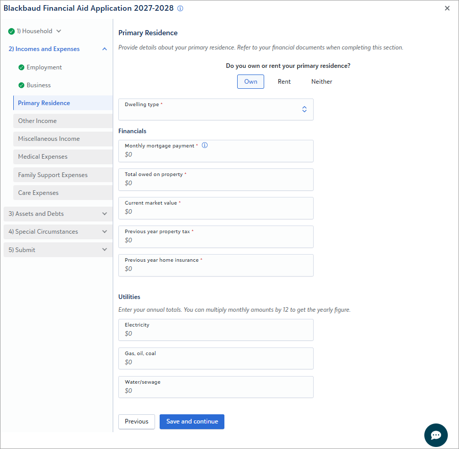 Screenshot of section H. Housing Expense